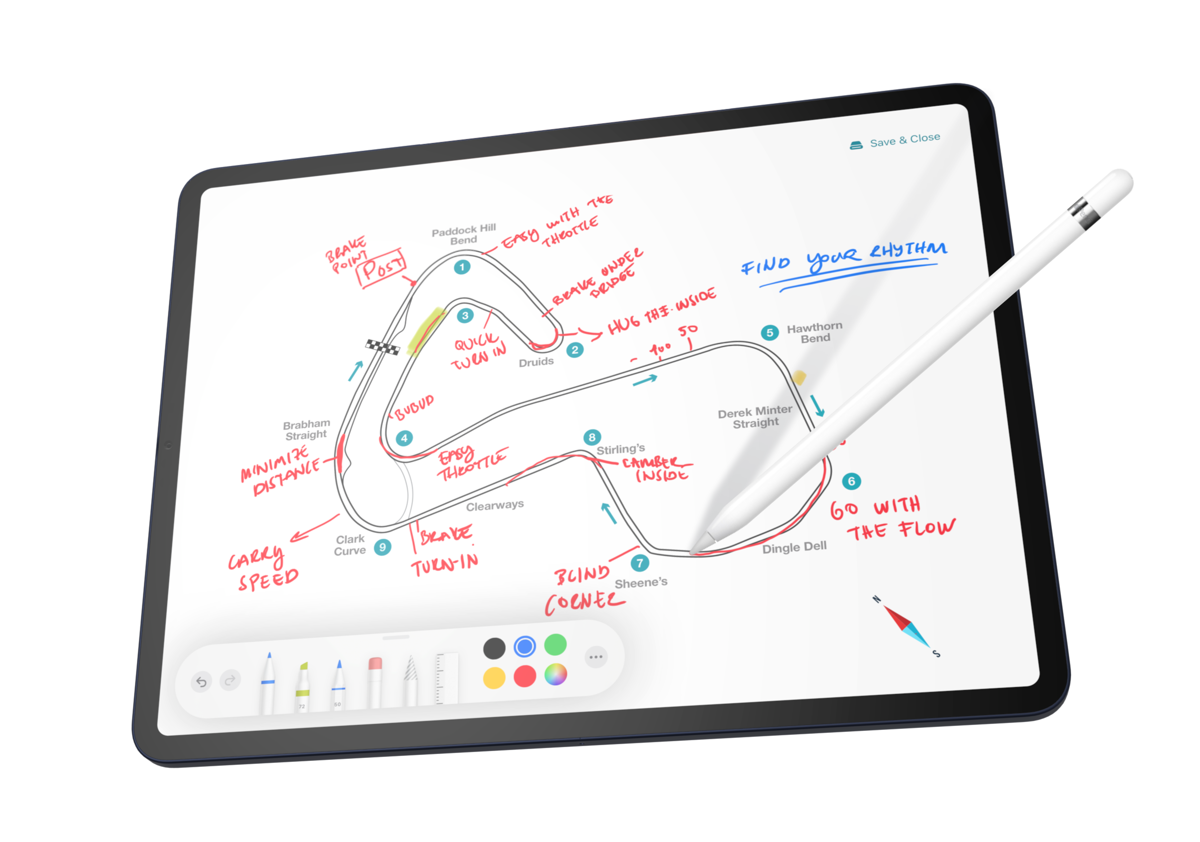 Track Maps Pro on iPad showing a hand-drawn circuit map annotated with braking points and racing line notes